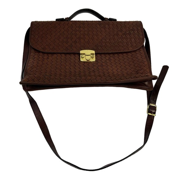 Bottega Veneta Cognac Brown Woven Leather Briefcase Top Handle Gold Buckle - Picture 2 of 16